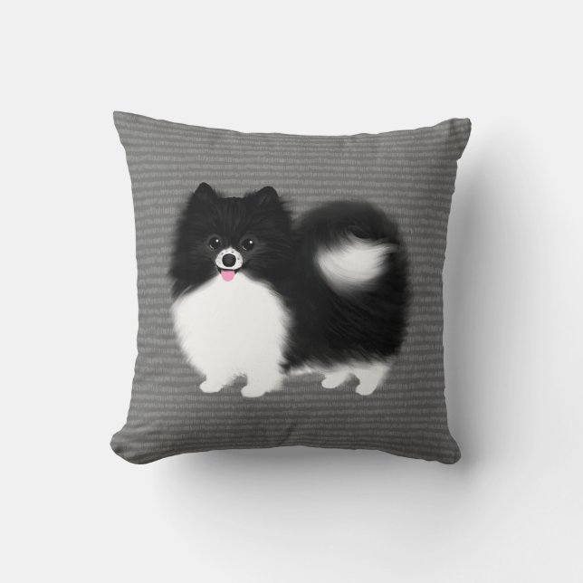 Svarta och vita Pommern Lycklig Fluffy Hund Kudde (Framsida)