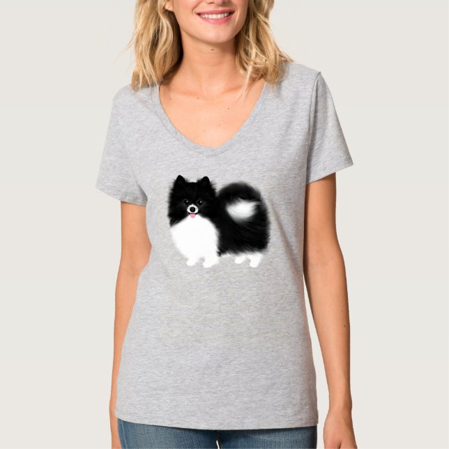 Svarta och vita Pommern Tecknad hund T Shirt (Framsida)