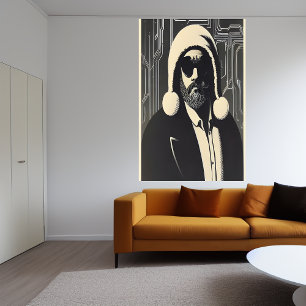 Svarta och vita porträtt i Jultomten AI Art Poster