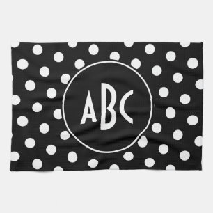 Svarta och vita prickar med monogram kökshandduk