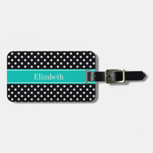 Svarta och Vita Prickar Teal Namn Monogram Bagagebricka