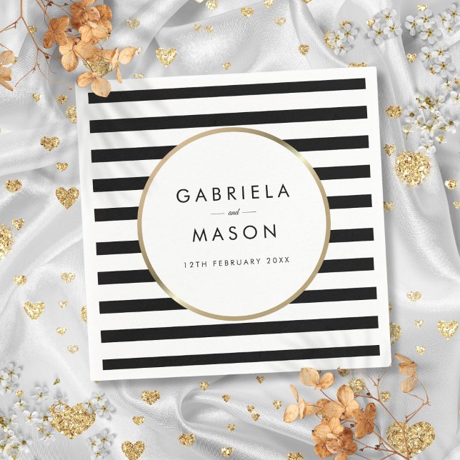 Svarta och vita Rand-Chicen Guld Bröllop Pappersservett (Black and White Stripe Chic Gold Wedding Napkins)