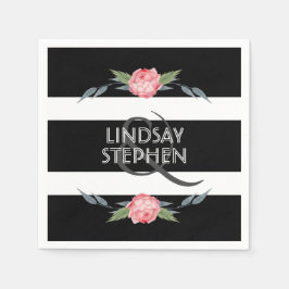 Svarta och vita Rand Elegant Rosa Blommigt Bröllop Pappersservett