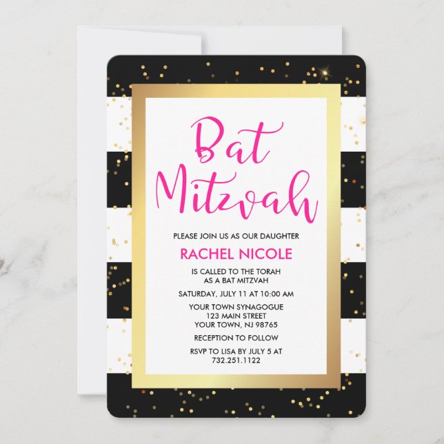 Svarta och vita Rand med Guld Bat mitzvah Inbjudningar (Framsida)