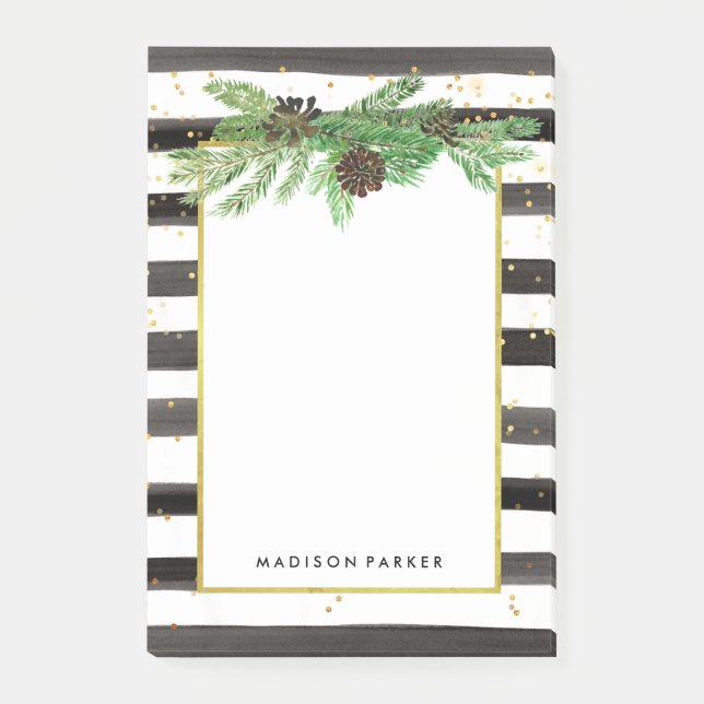 Svarta och vita Rand med Guld och Gräs Cones Post-it Block (Framsida)