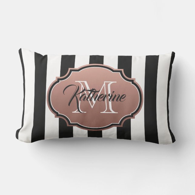 Svarta och vita Rand Monogram Lumbarkudde (Framsida)