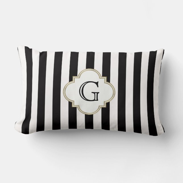 Svarta och vita Rand Mönster med vita Monogram Lumbarkudde (Framsida)