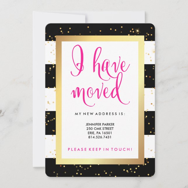 Svarta och vita Rand och Guld | Jag har Flyttat Meddelande (Framsida)