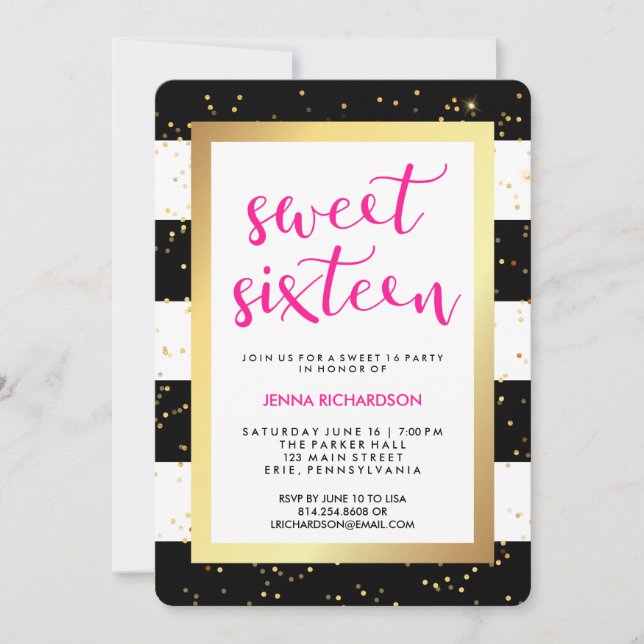 Svarta och vita Rand och Guld Sweet sixteen Inbjudningar (Framsida)