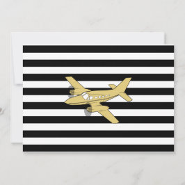 Svarta och vita ränder & guld flygplan  inbjudningar