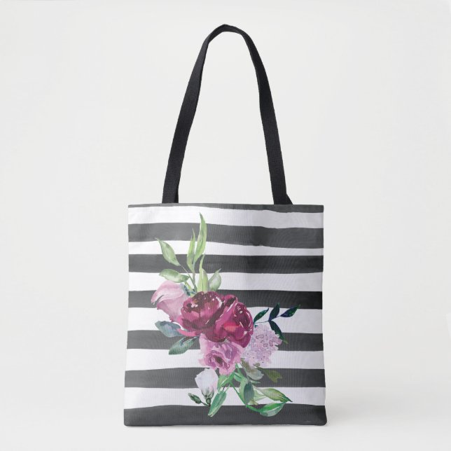Svarta och vita randiga blommor tygkasse (Framsida)