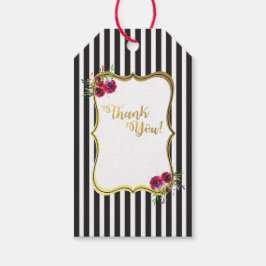 Svarta och vita randiga rosblommiga etiketter i gu