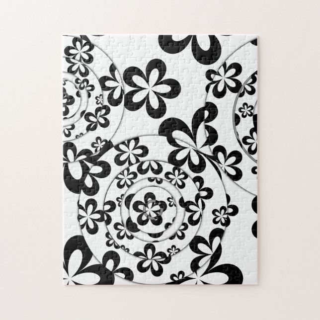 Svarta och vita ringar och blommor pussel (Vertikal)