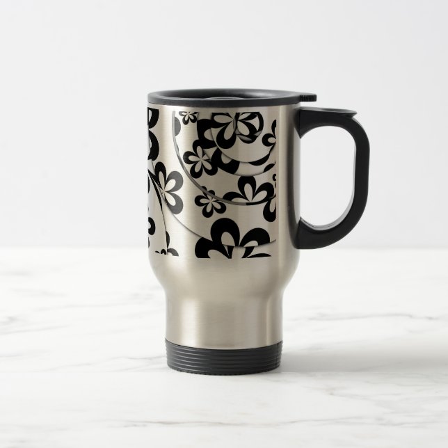 Svarta och vita ringar och blommor resemugg (Höger)