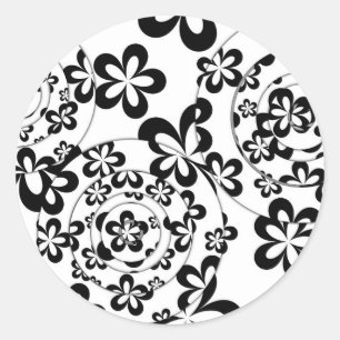 Svarta och vita ringar och blommor runt klistermärke