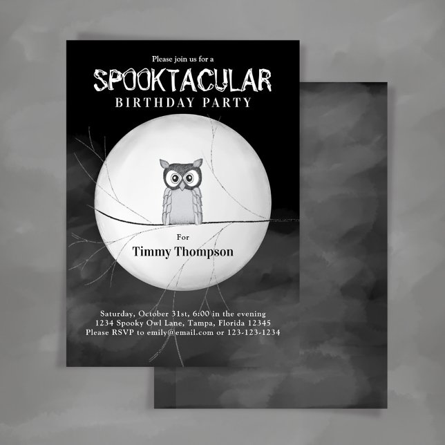 Svarta och vita roktaculära Uggla Halloween fest Inbjudningar (Halloween Spooktacular Birthday invitation with spooky owl.)