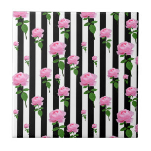 Svarta och vita Rosa ros blomma Rand Kakelplatta