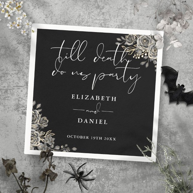 Svarta och vita rosor blommande gotiskt bröllop pappersservett (Black And White Roses Floral Gothic Wedding Napkins)