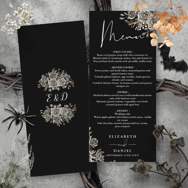 Svarta och vita rosor Blommig gotisk middag på brö Meny (Black And White Roses Floral Gothic Wedding Dinner Menu)