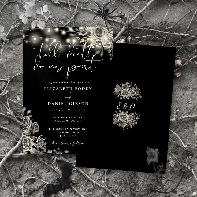 Svarta och vita rosor Blommiga ljus gotiskt bröllo Inbjudningar (Black And White Roses Floral Lights Gothic Wedding Invitation)