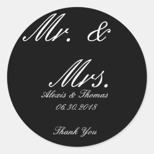 Svarta och vita rundan, mr. & Mrs Wedding Stickers Runt Klistermärke
