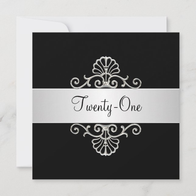 Svarta och vita Silver 21:a födelsedag Inbjudningar (Framsida)