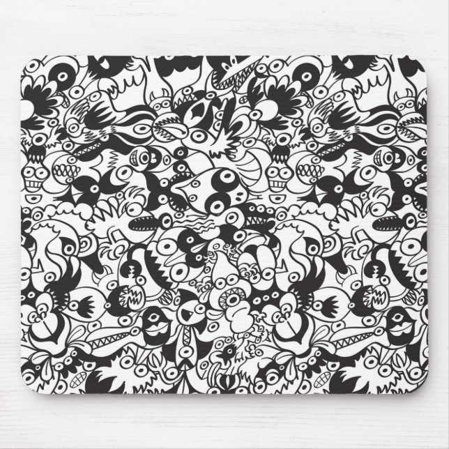 Svarta och vita skrämmande monster i Doodle Art st Musmatta (Framsidan)