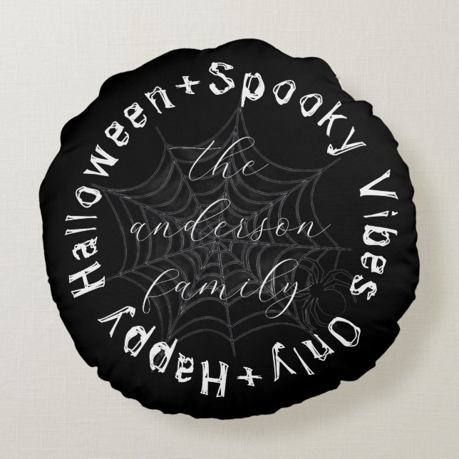 Svarta och vita Spindelnätet Happy halloween Rund Kudde (Baksidan)
