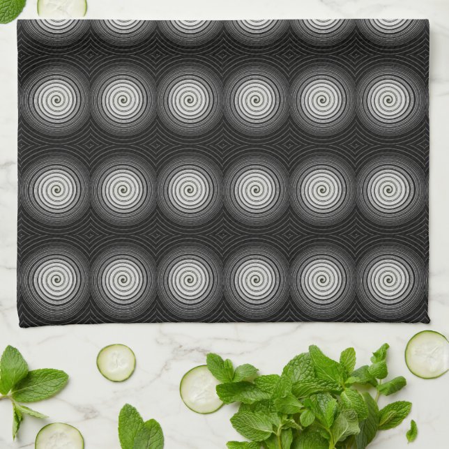 Svarta och vita Spiral Kökshandduk (Vikta)