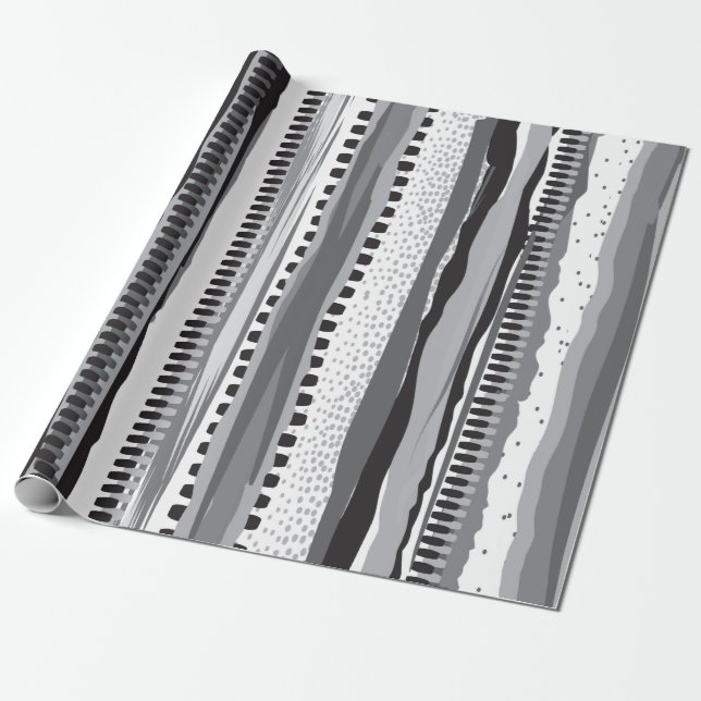 Svarta och vita stammen hand plockade mönster presentpapper (Utrullad)