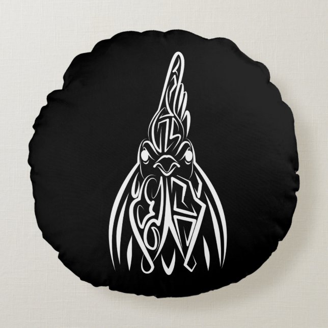 Svarta och vita stammen Tupp Rund Kudde (Framsidan)