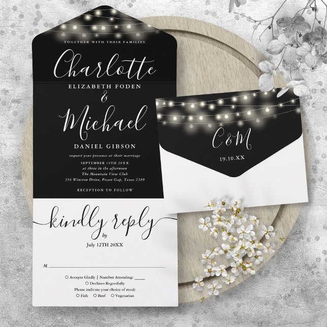 Svarta Och Vita Strängljus Chic Skrift Bröllop (Black And White String Lights Chic Script Wedding All In One Invitation)