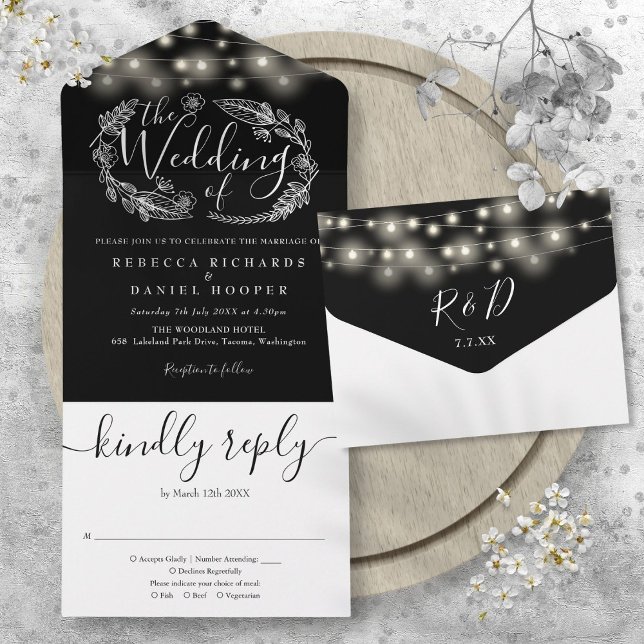 Svarta och vita strängljus trädgård bröllop (Black And White String Lights Foliage Wedding All In One Invitation)