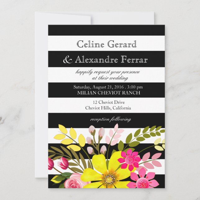 Svarta och vita strimlade blommor, Bröllop, gult Inbjudningar (Framsida)