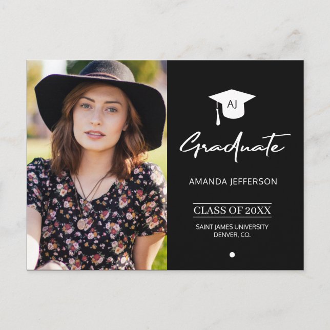 Svarta och vita Studenten | Monogrammat foto Vykort (Framsida)