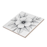 Svarta och vita Teckning Kakelplatta<br><div class="desc">En stor blomma i mitten omgiven av olika löv och mindre blommigt inslag. Blomman har breda blad och ett framstående centrum med ömtåliga bladbär.</div>