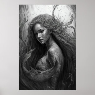 Svarta och vita Teckning - Sjöjungfru Art Poster
