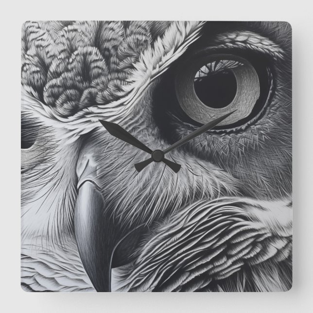 Svarta och vita uggla ansikte fyrkantig klocka (Framsida)