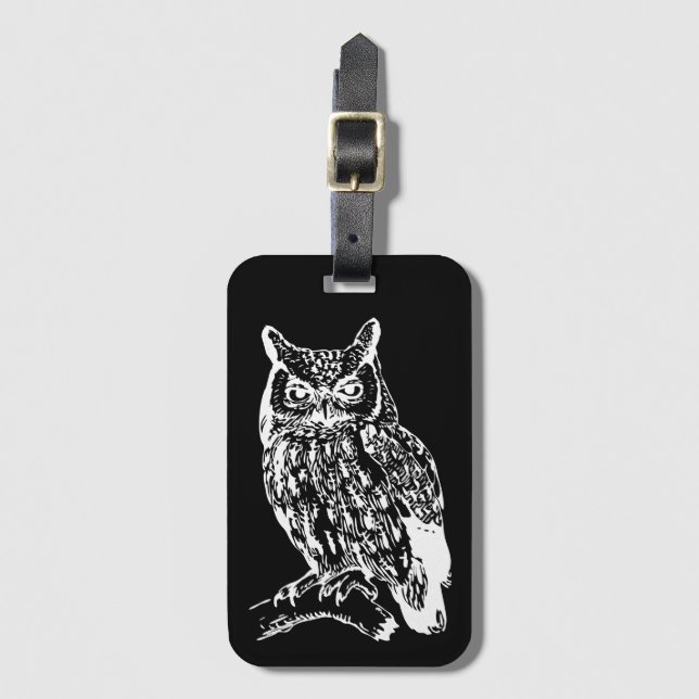 Svarta och vita Uggla Art Bagagebricka (Framsida vertikal)