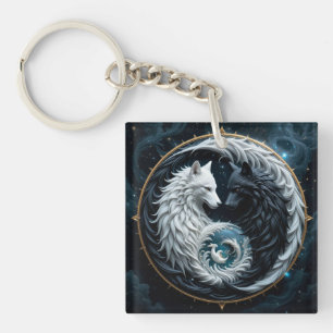 Svarta och vita vargar i kosmisk Yin-Yang-symbol