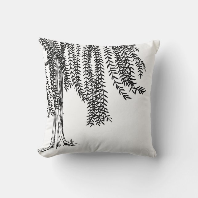 Svarta och vita vitsvepande Willow Träd Kudde (Framsida)