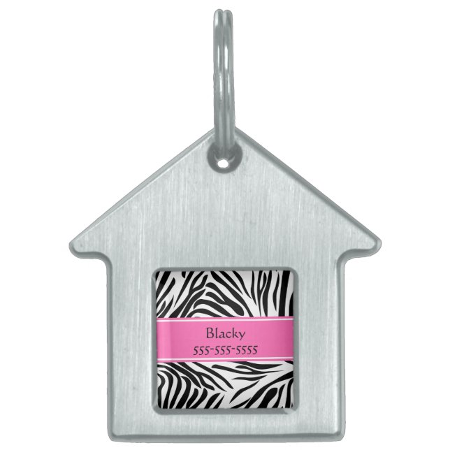 Svarta och vita Zebra tryck med Shock rosa Namnbricka Husdjur (Framsidan)