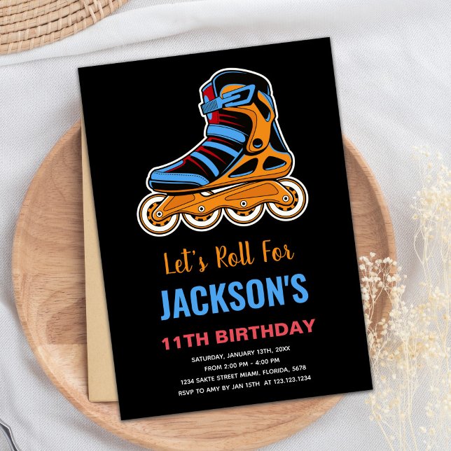 Svarta Orange Rullskridsko Födelsedagsinbjudningar Inbjudningar (Black Orange Roller Skating Birthday Invitations)
