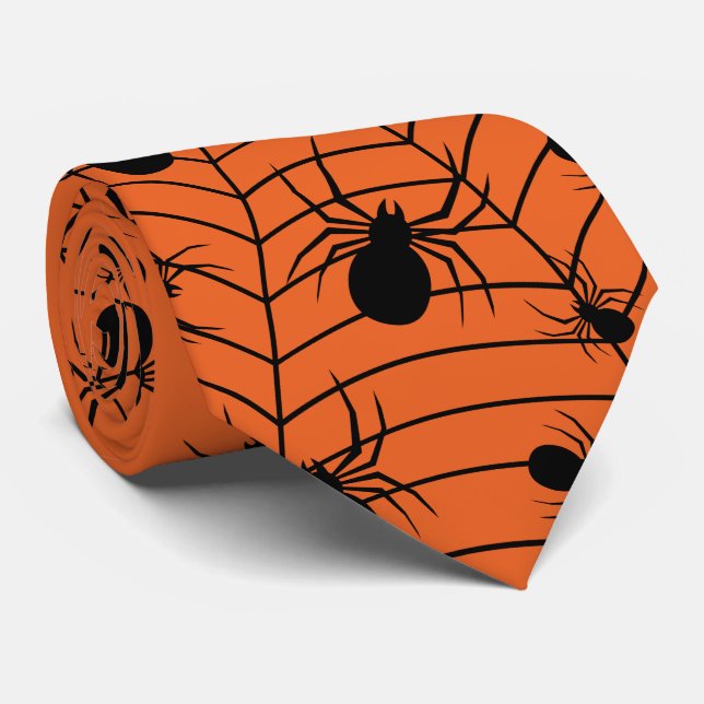 Svarta Orange spindlar spindelnät Halloween mönste Slips (Rullad)