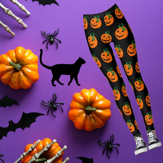Svarta Orangen Lycklig Jack o lantern Leggings (Super fun Halloween black and orange Jack-o'-lantern tights will complete your wardrobe!)