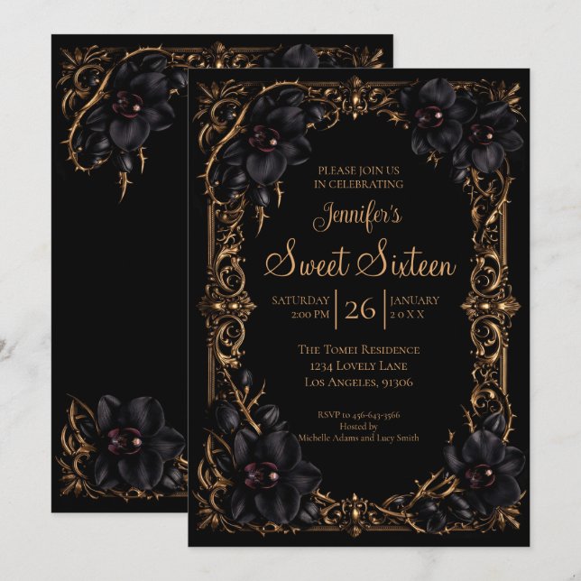 Svarta orkidéer Gothic Sweet 16 Inbjudningar (Fram/baksida)