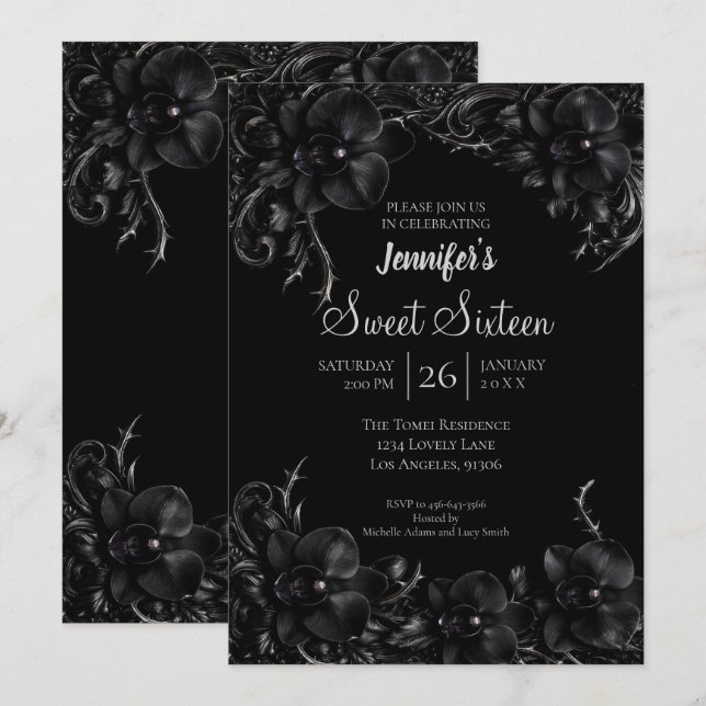 Svarta orkidéer Gothic Sweet 16 Inbjudningar (Fram/baksida)