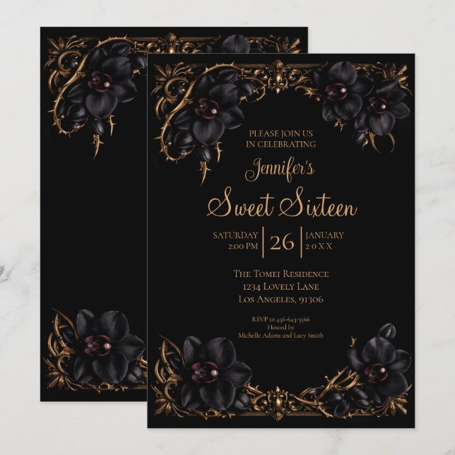 Svarta orkidéer Gothic Sweet 16 Inbjudningar (Fram/baksida)