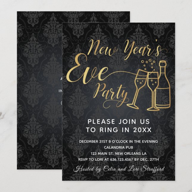 Svarta på svarta Nyårsaftonen Party Inbjudningar (Fram/baksida)