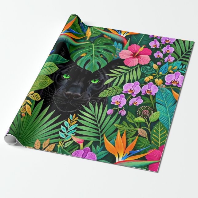 Svarta panter djungelblommor & tropisk lövverk presentpapper (Utrullad)